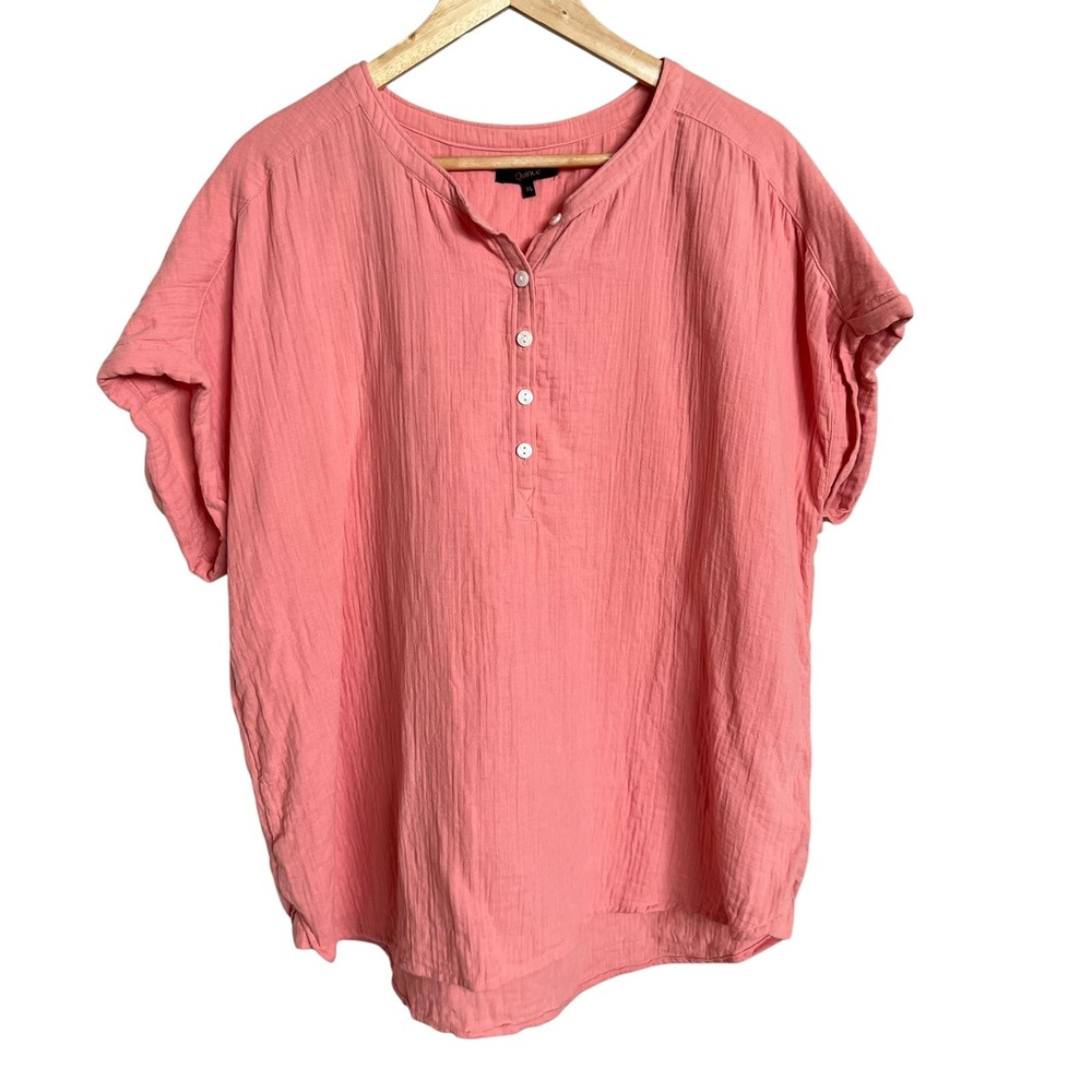 Quince 100% Organic Cotton Gauze Roll Sleeve Shirt Coral Blush SZ XL Coastal